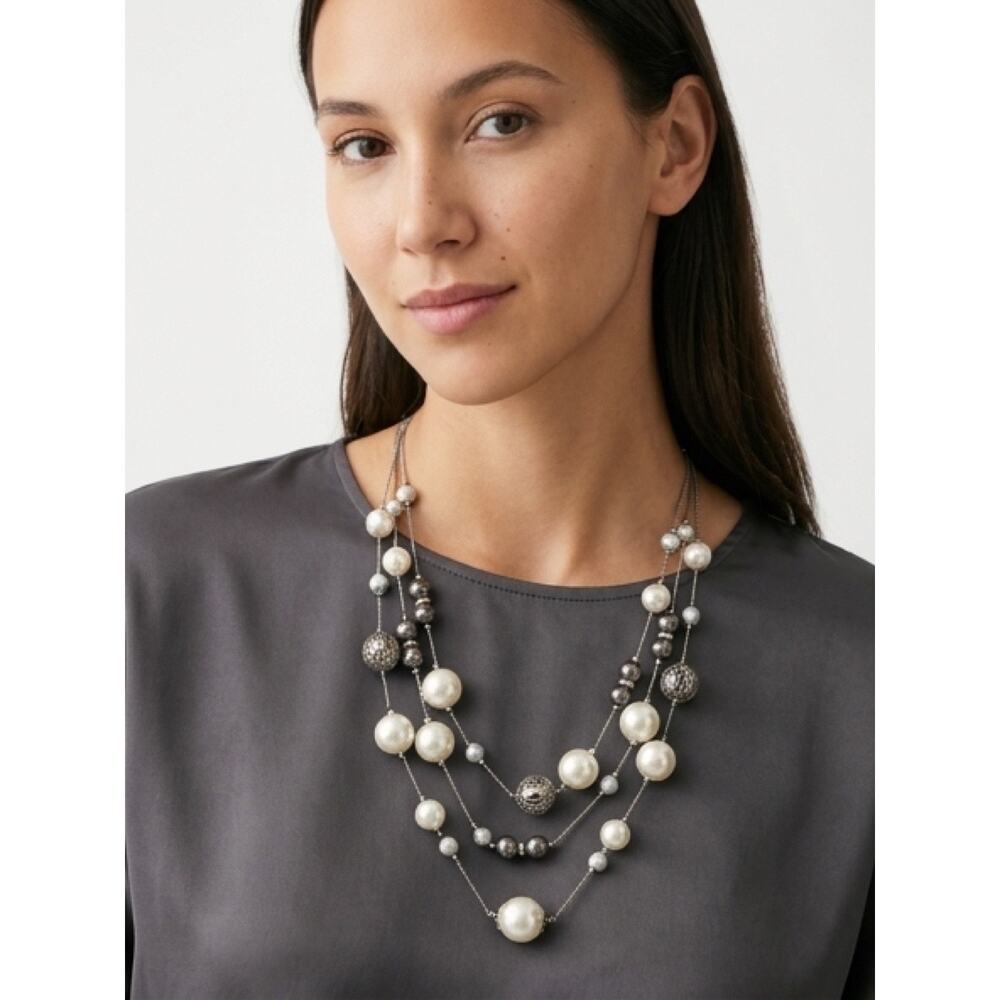 NY & Co Faux Pearl Layered Necklace 3 Strand Silver Gunmetal 19-22”